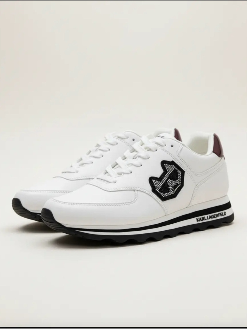 Karl Lagerfeld White Sneakers with Black Logo & Burgundy Heel Tab 8.5